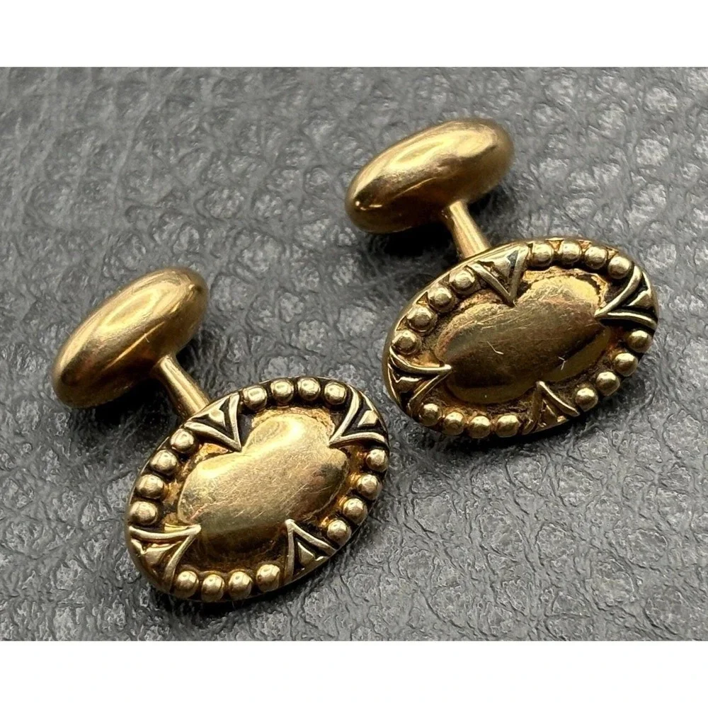 Vintage 14K Solid Yellow Gold Cufflinks Antique Geometric Details READ